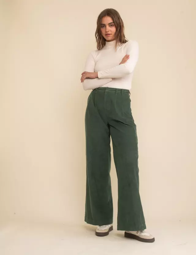 Green Twill Double Pleat Front Wide Leg Trousers