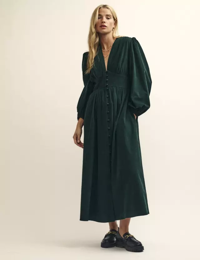 Green Cord Long Sleeve Starlight Midaxi Dress