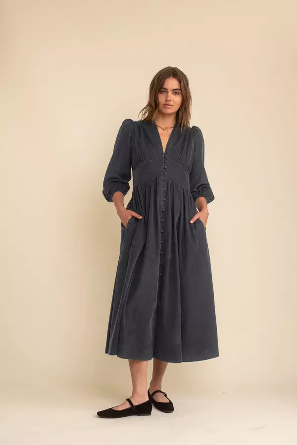 Charcoal Cord Long Sleeve Starlight Midaxi Dress