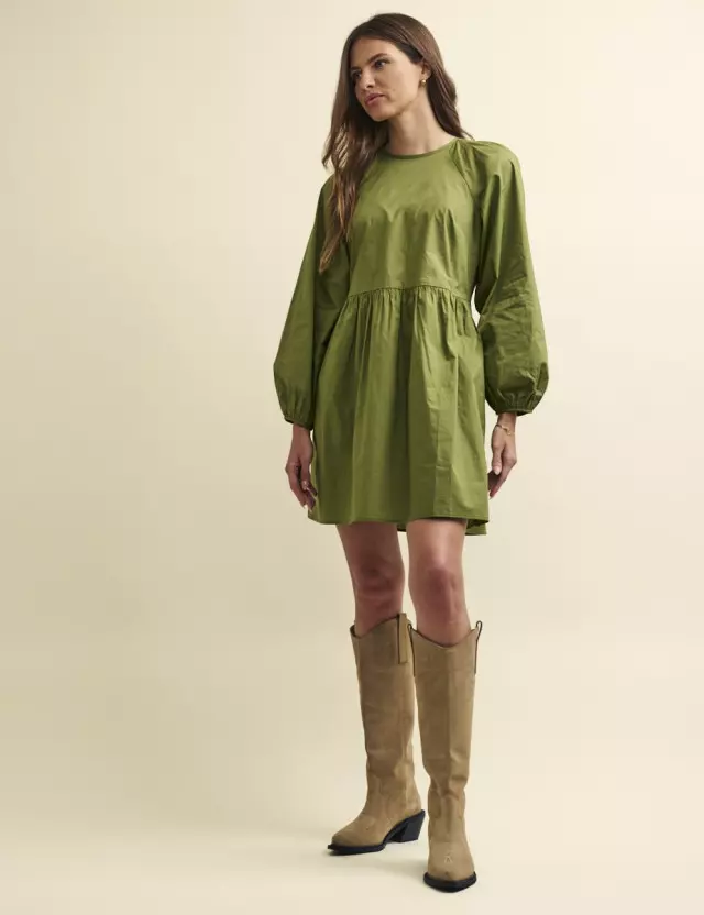 Khaki Green Long Sleeve Issy Smock Midi Dress