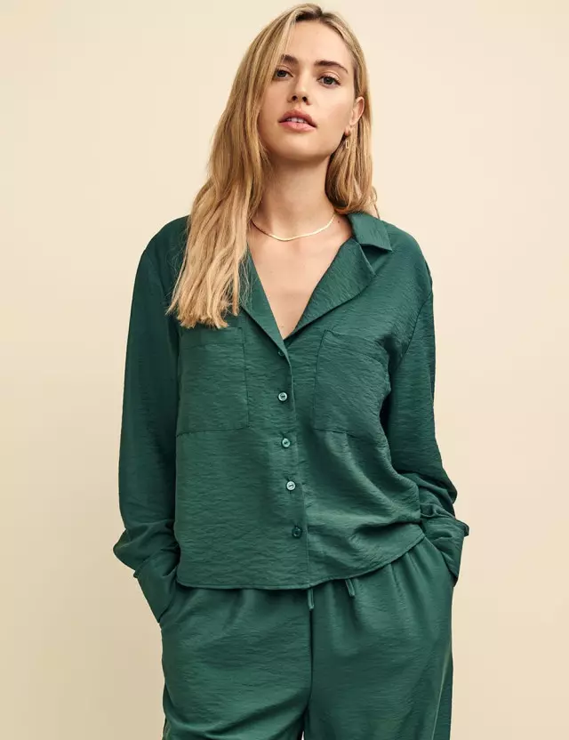 Green Revere Collar Long Sleeve Shirt