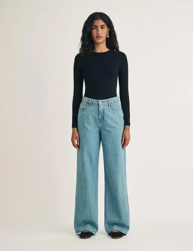 Blue Light Wash Denim High Rise Wide Leg Jeans