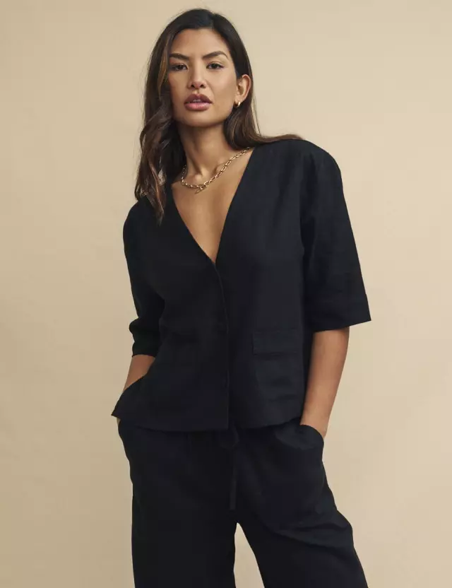 Black Linen-blend Short Sleeve Shirt