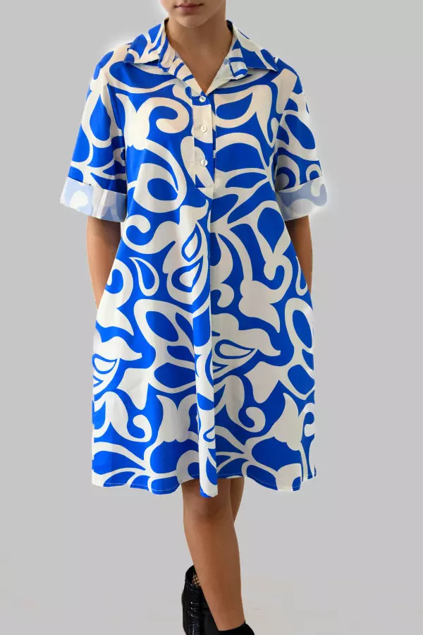 Blue & White Patterned Dress with Pockets