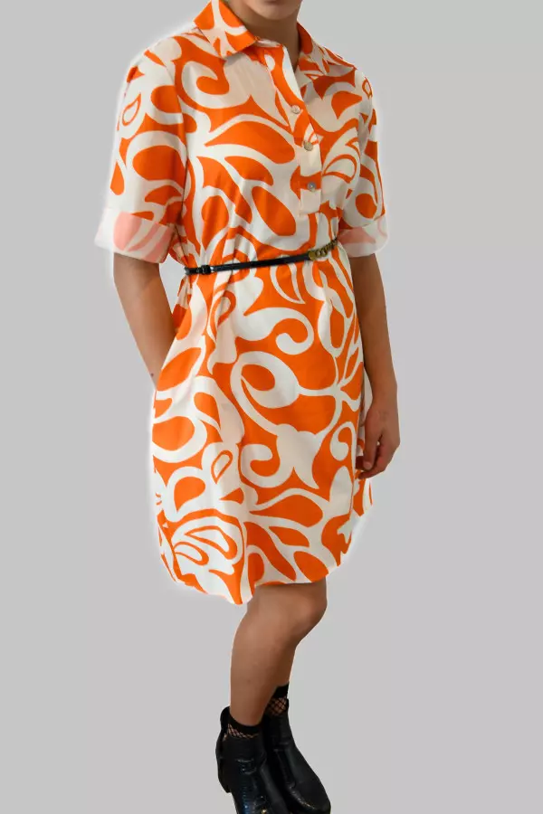 Orange & White Patterned Dress with Pockets