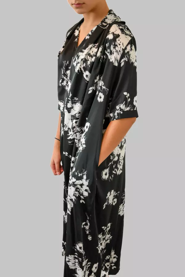 White & Black Silk Floral Dress with Pockets