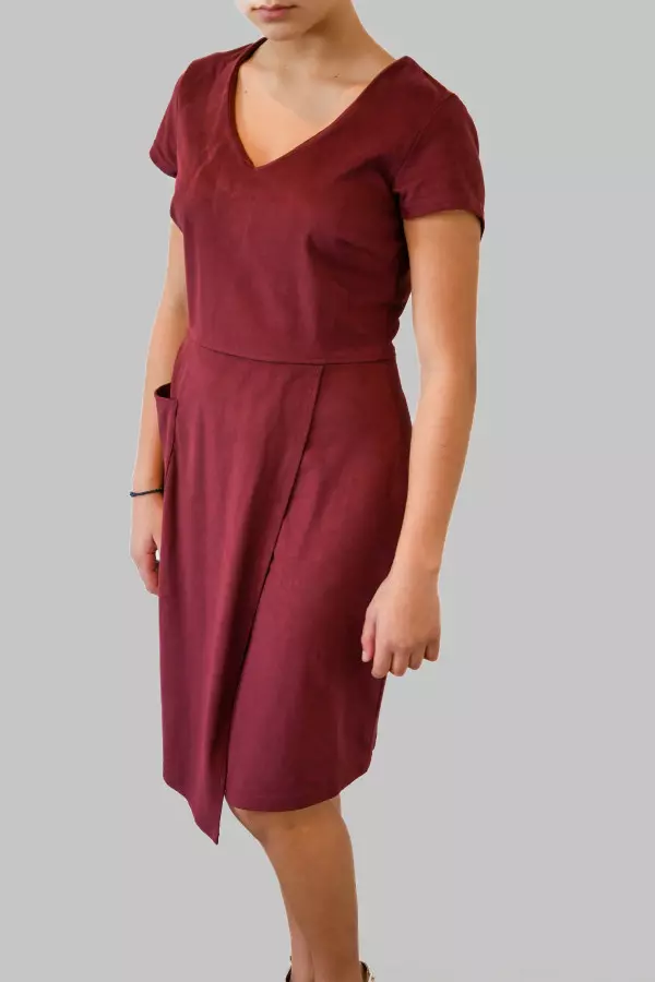 Burgundy Asymmetric Suedette Dress with Oversized Pocket