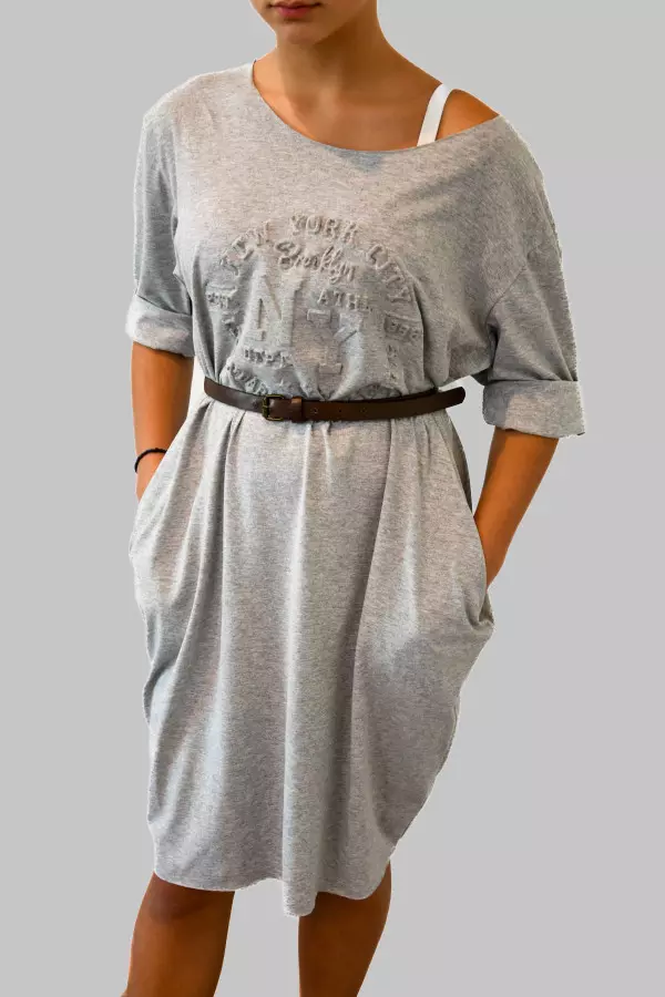 Grey New York T-Shirt Dress with Pockets