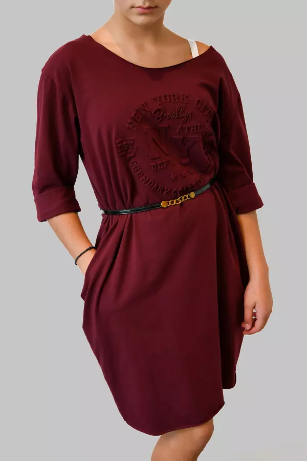 Burgundy New York T-Shirt Dress with Pockets