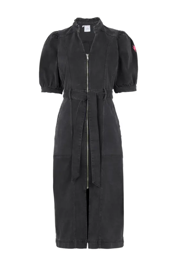 Washed Black Zip Detail Denim Dress