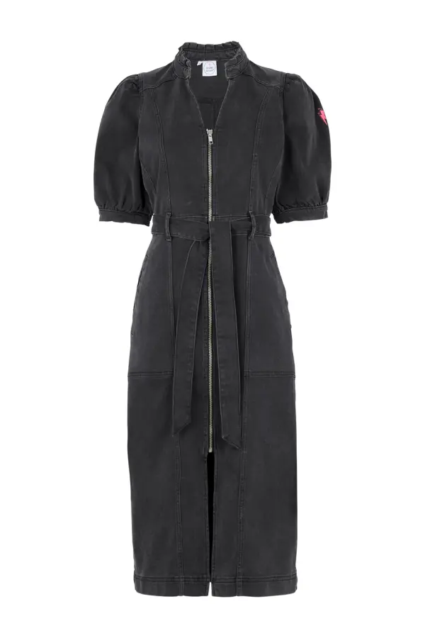 Washed Black Zip Detail Denim Dress