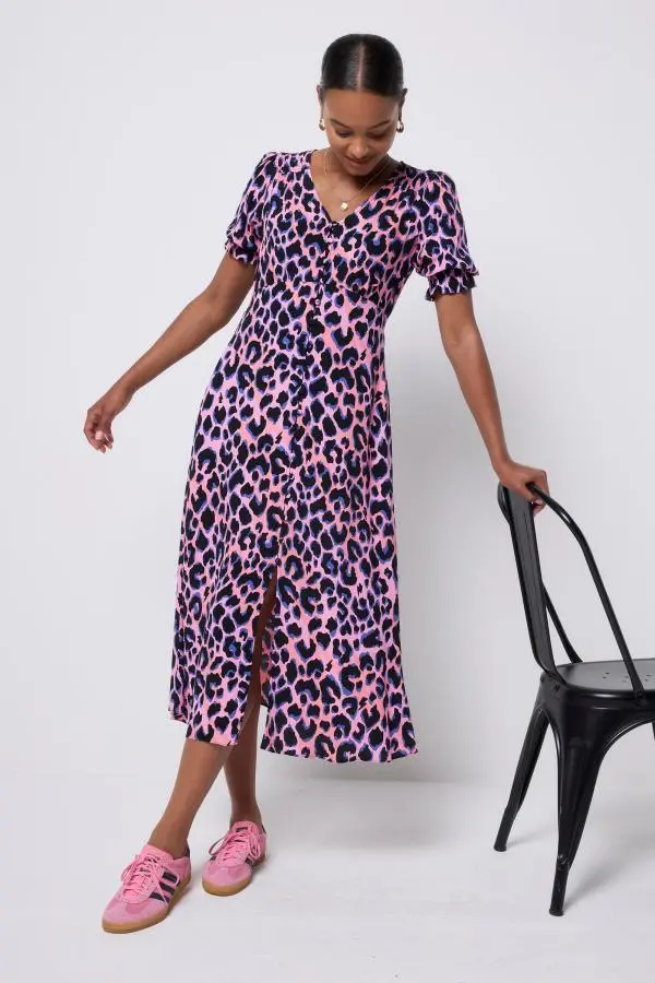 Pink with Blue and Black Shadow Leopard Flute Sleeve Midi Tea Dress
