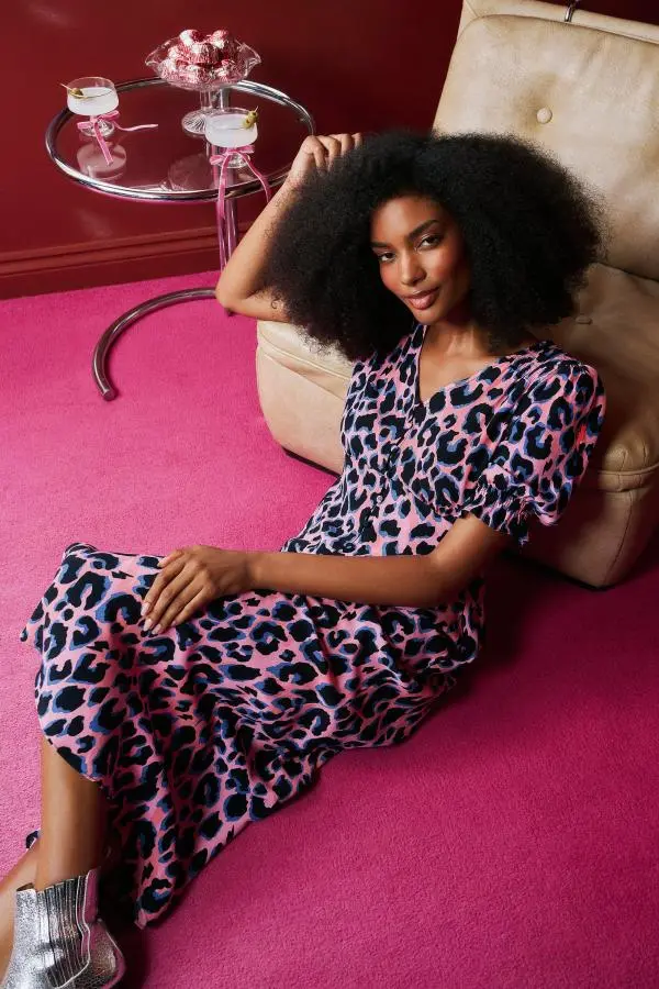 Pink with Blue and Black Shadow Leopard Flute Sleeve Midi Tea Dress