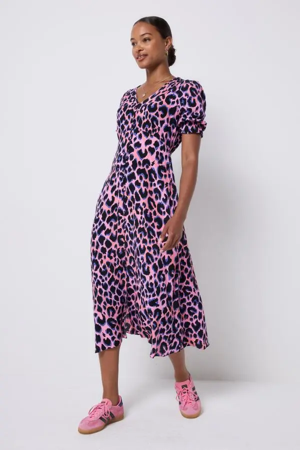 Pink with Blue and Black Shadow Leopard Flute Sleeve Midi Tea Dress