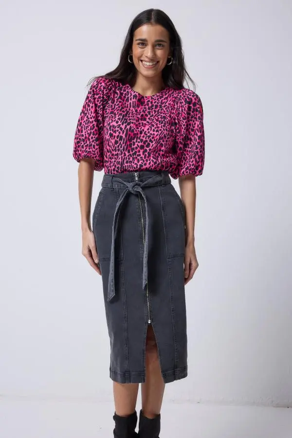 Washed Black Zip Detail Denim Midi Skirt