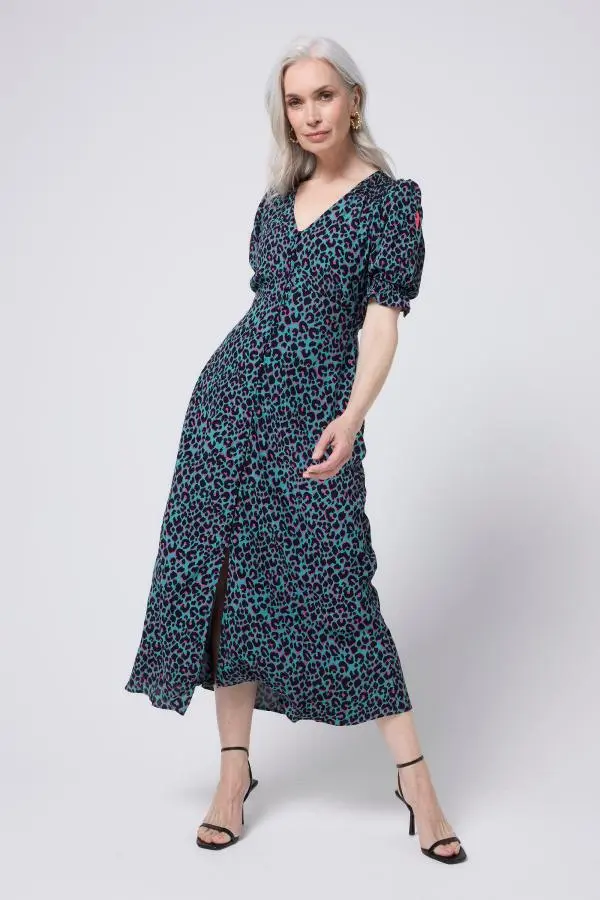 Khaki with Pink and Black Small Shadow Leopard Flute Sleeve Midi Tea Dress