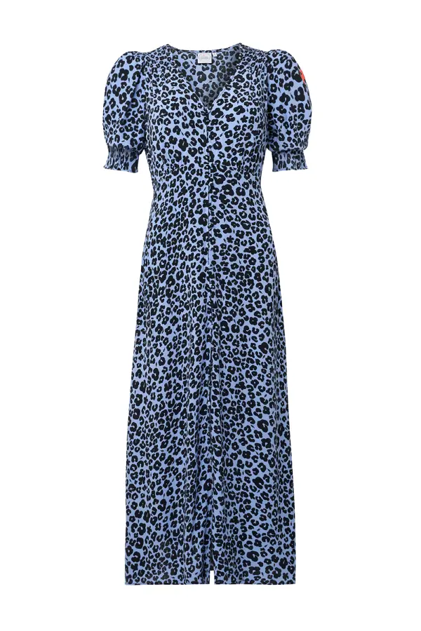 Blue with Black Floral Leopard Flute Sleeve Midi Tea Dress