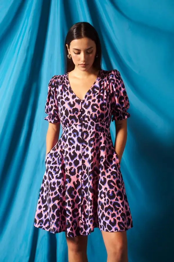 Pink with Blue and Black Shadow Leopard Short Tea Dress