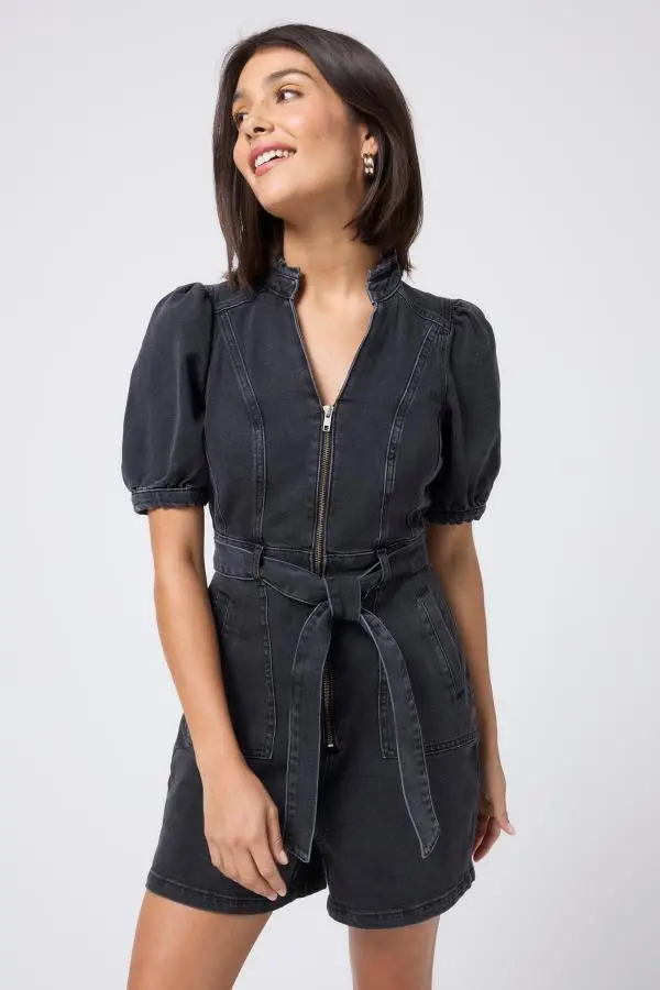 Washed Black Zip Detail Denim Playsuit
