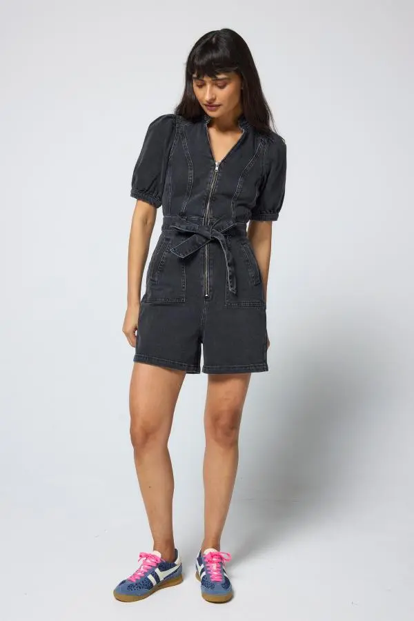 Washed Black Zip Detail Denim Playsuit