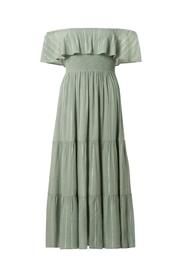 Khaki with Silver and Gold Lurex Bardot Midi Dress