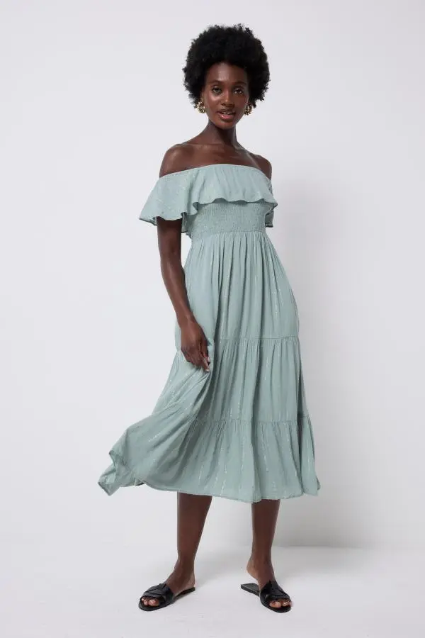 Khaki with Silver and Gold Lurex Bardot Midi Dress