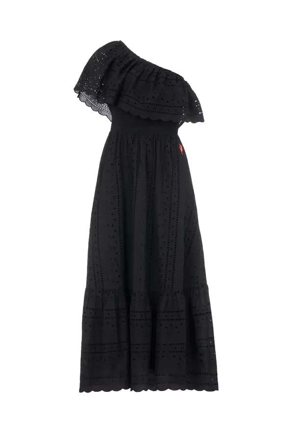 Black One Shoulder Broderie Tiered Midi Dress