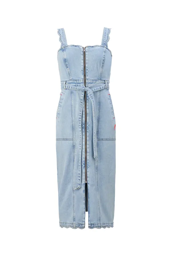 Pale Indigo Wash Scallop Strappy Denim Sundress