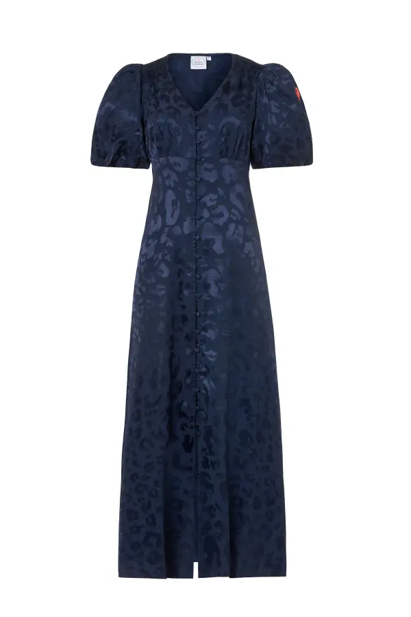 Navy Jacquard Leopard Puff Sleeve Midi Tea Dress