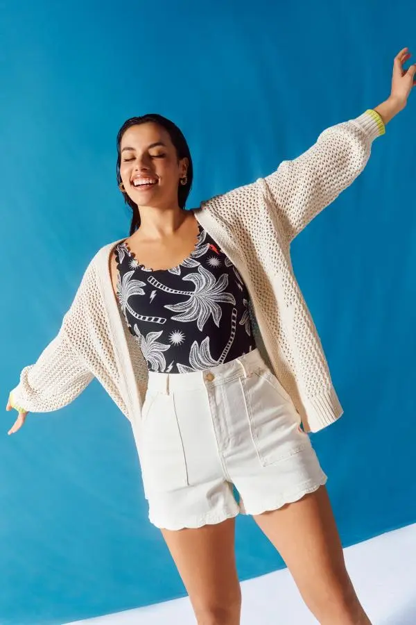 Ecru Scallop Denim Shorts