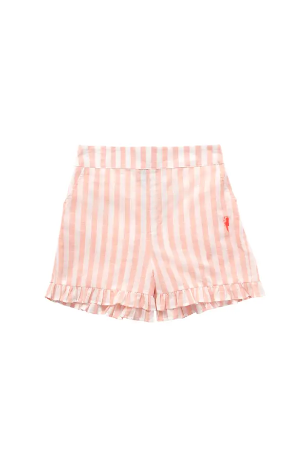 Coral and White Stripe Frill Hem Shorts