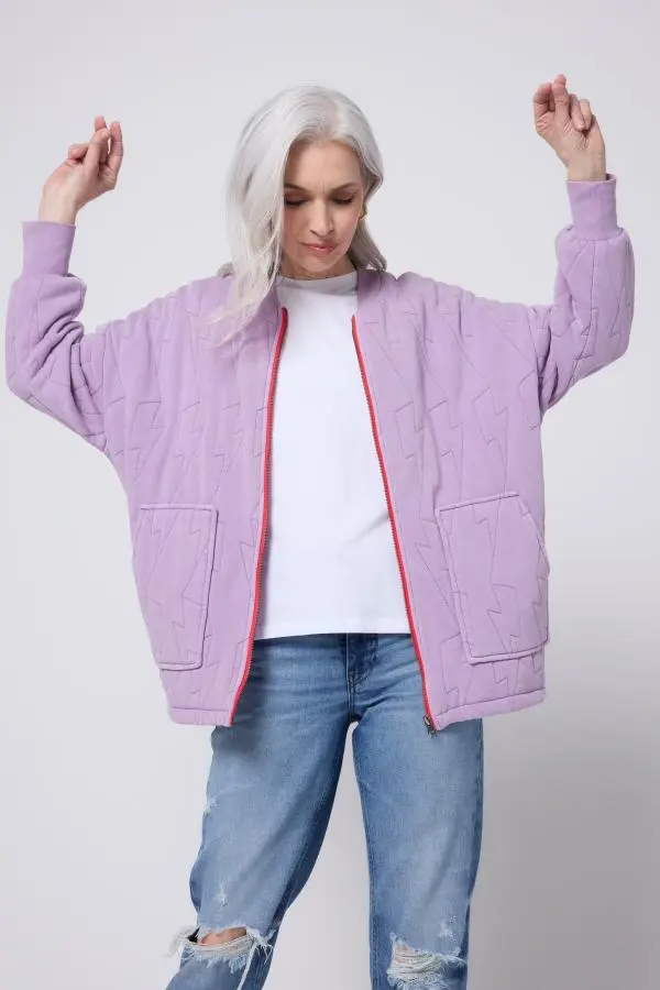 Lilac Lightning Bolt Oversized Quilted Bomber Jacket