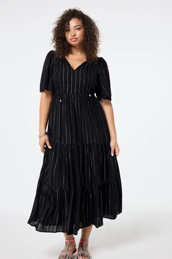 Black with Silver Metallic Angel Sleeve Tie Front Maxi Dress