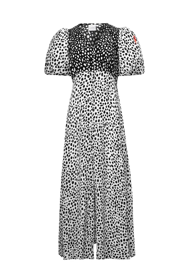 White with Black Mix Cheetah Puff Sleeve Midi Tea Dress