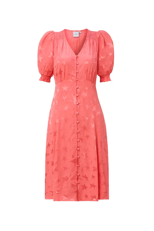 Coral Star Jacquard Flute Sleeve Short Tea Dress