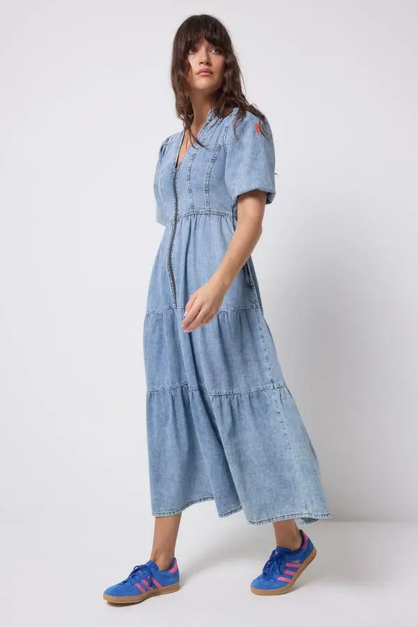 Pale Indigo Zip Detail Tiered Midi Denim Dress