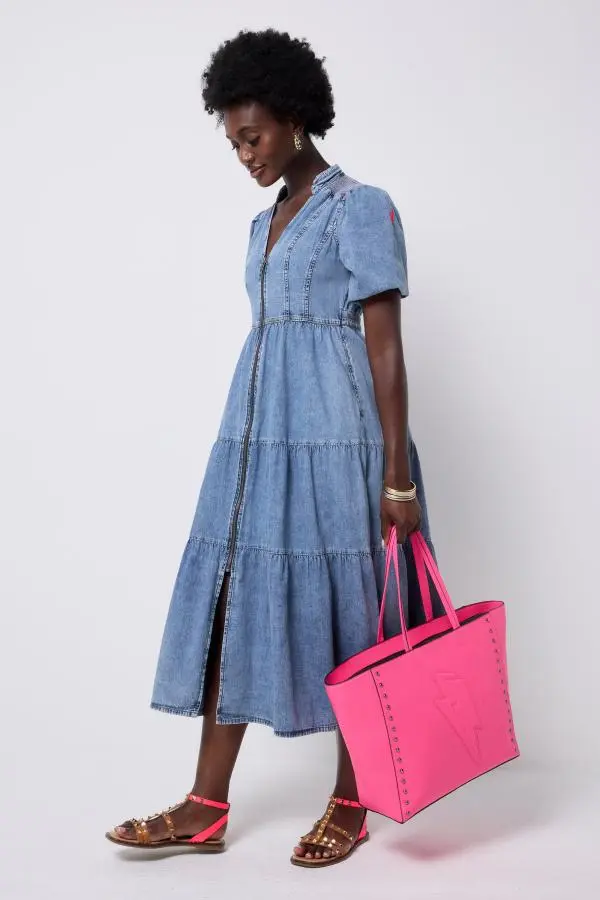 Pale Indigo Zip Detail Tiered Midi Denim Dress