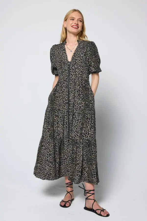 Khaki with Black Wild Leopard Zip Detail Tiered Midi Dress