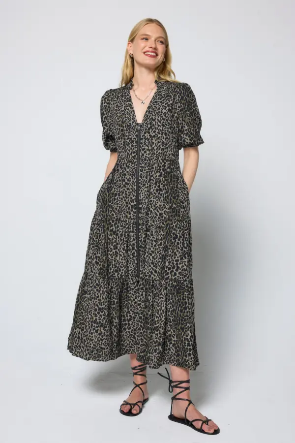 Khaki with Black Wild Leopard Zip Detail Tiered Midi Dress