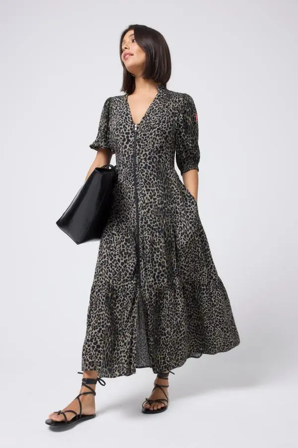 Khaki with Black Wild Leopard Zip Detail Tiered Midi Dress