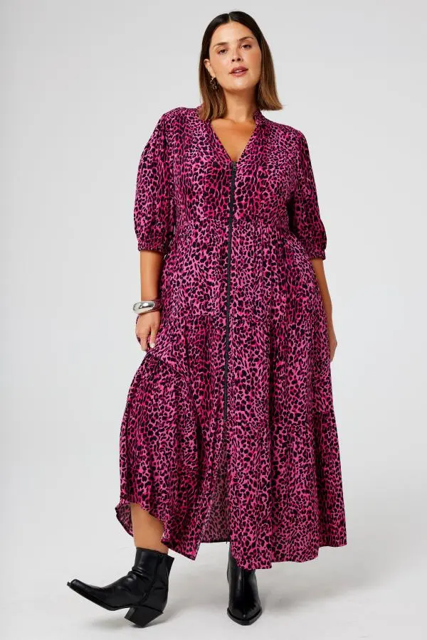 Pink with Black Wild Leopard Zip Detail Tiered Midi Dress