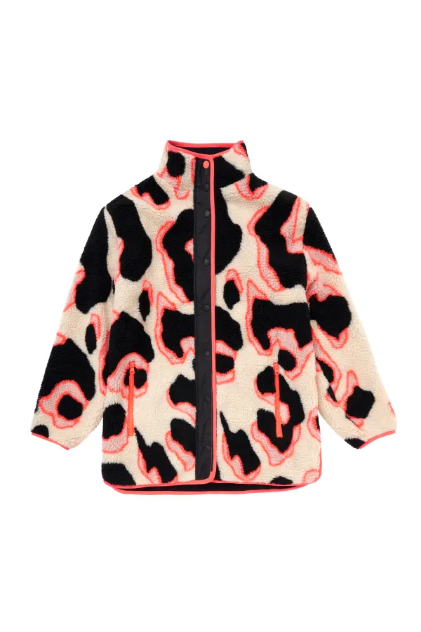 Cream, Coral & Black Shadow Leopard Print Fleece Jacket