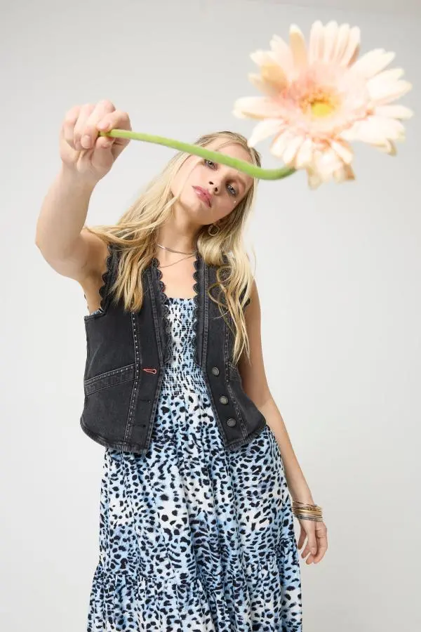 Washed Black Studded Denim Scallop Waistcoat