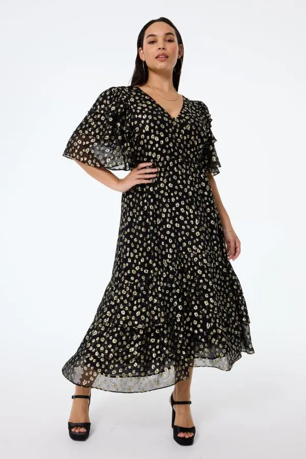 Black with Gold Spot Leopard Jacquard Ruffle Sleeve Tiered Midi Dress