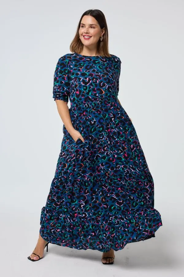 Teal with Rainbow Shadow Leopard Maxi Dress