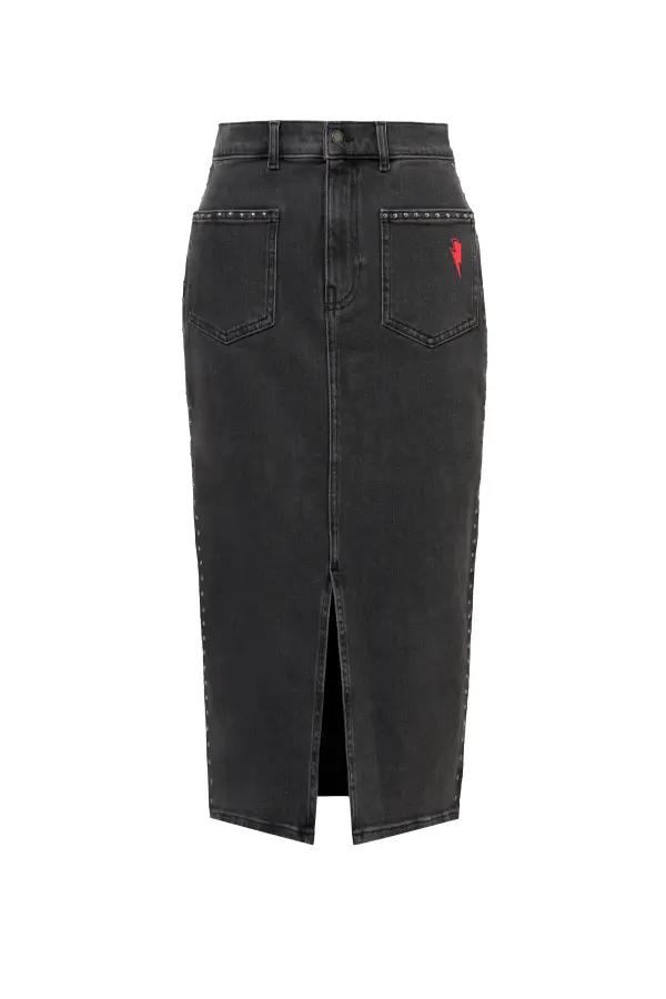 Washed Black Studded Denim Split Front Midi Skirt