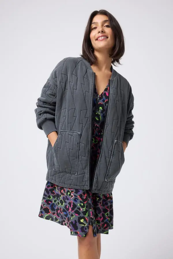 Washed Black Lightning Bolt Oversized Quilted Bomber Jacket