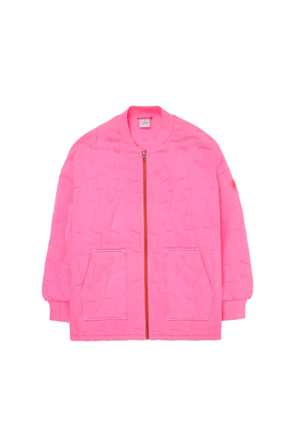 Neon Pink Lightning Bolt Oversized Quilted Bomber Jacket