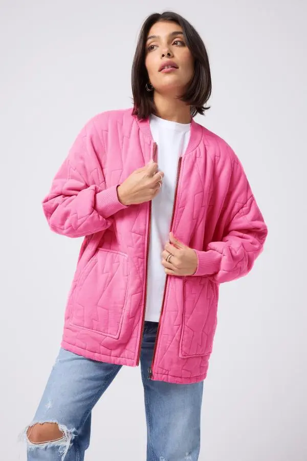 Neon Pink Lightning Bolt Oversized Quilted Bomber Jacket
