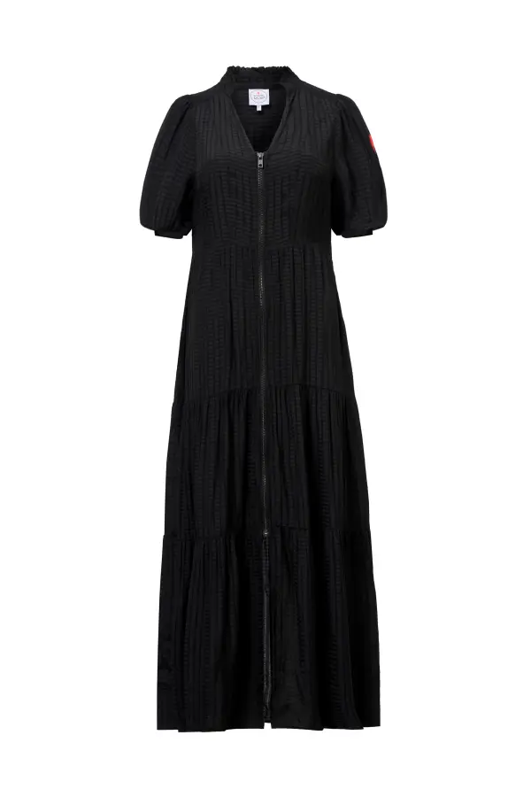Black Textured Zip Detail Tiered Midi Dress